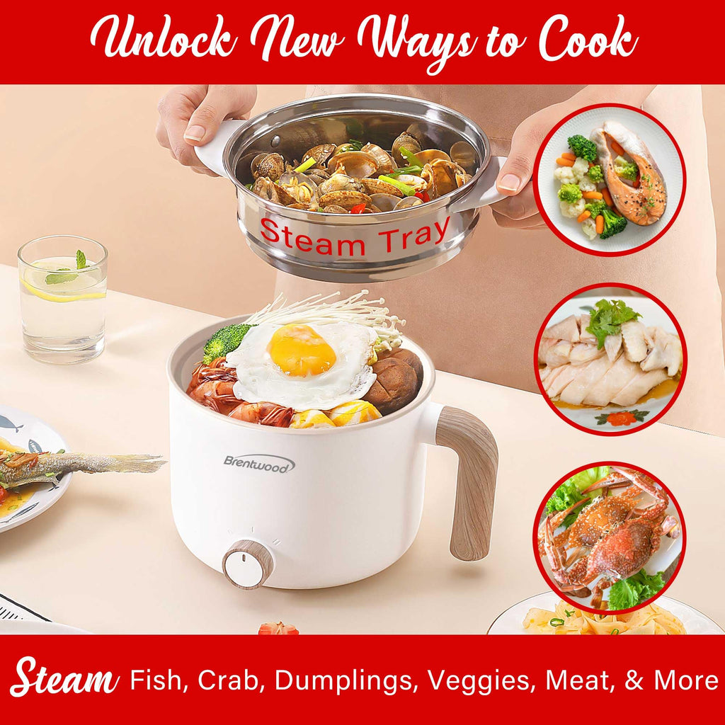 Brentwood HPS-3172W 1.5L Multi-Function Electric Hot Pot Cooker & Steamer, White - 600W Ceramic Non-Stick