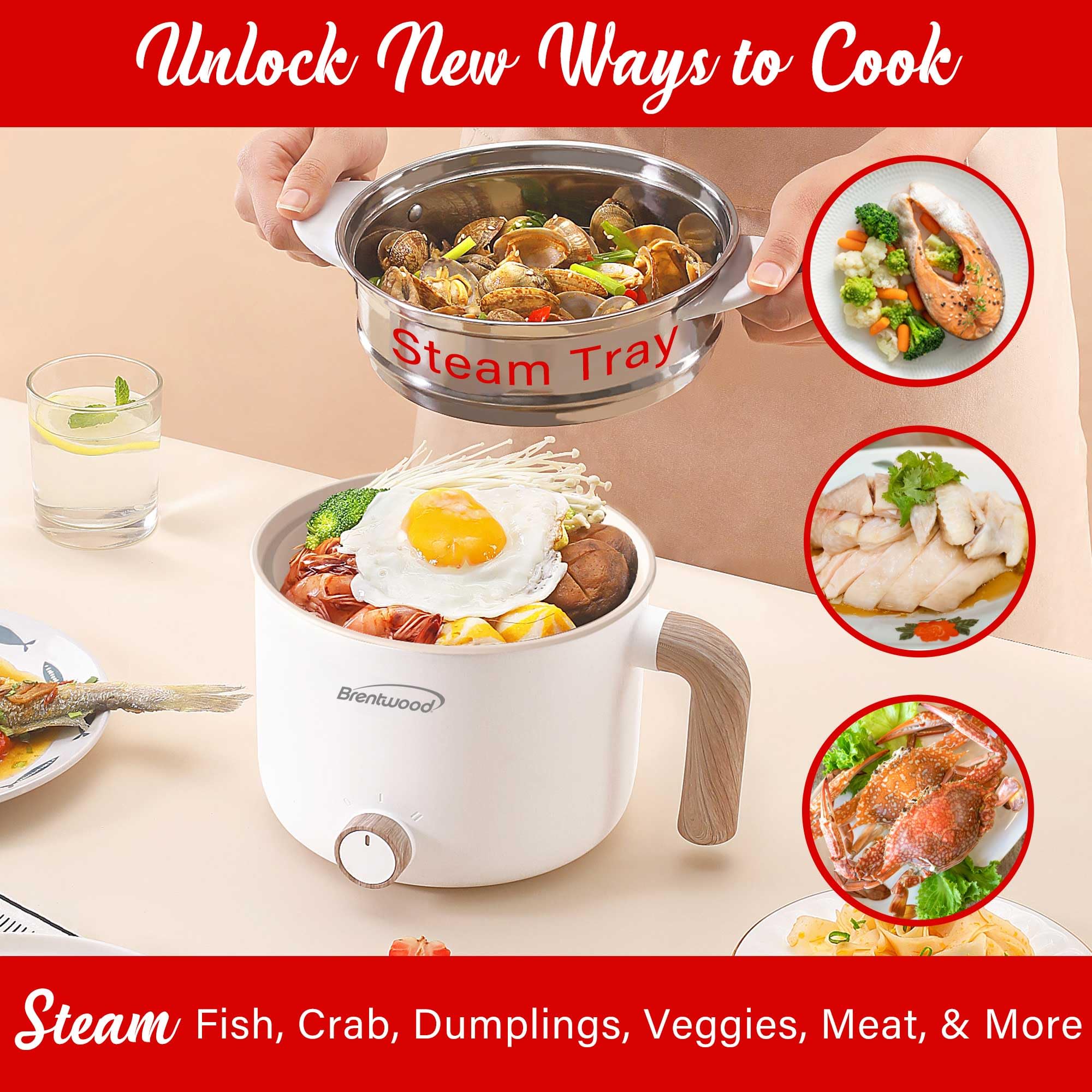 Brentwood HPS-3172W 1.5L Multi-Function Electric Hot Pot Cooker & Steamer, White - 600W Ceramic Non-Stick