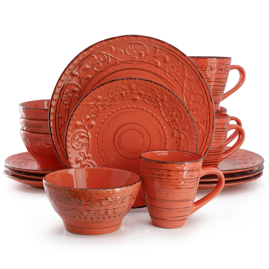 Elama Malibu Jasper 16-Piece Stoneware Dinnerware Set, Reactive Glaze Orange - Service for 4