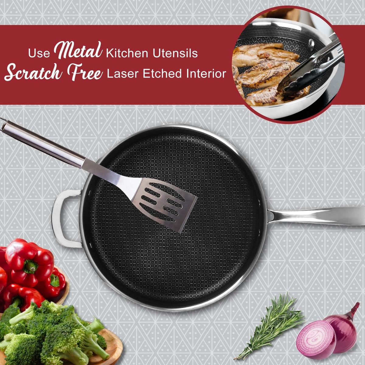 Brentwood B-DSH28L 11-Inch 3-Ply Hybrid Non-Stick Stainless Steel Deep Saute Pan with Glass Lid
