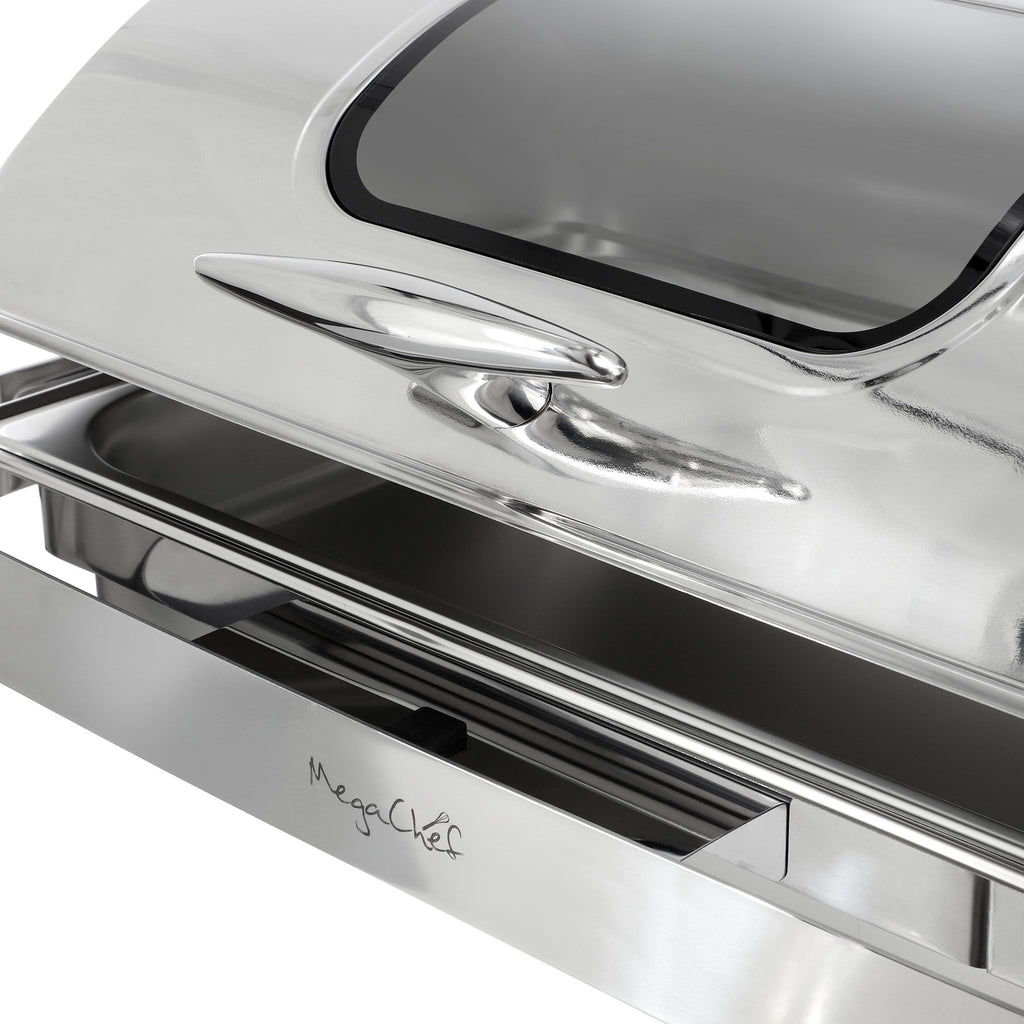 MegaChef 9.5-Quart Oblong Roll-Top Stainless Steel Chafing Dish – Catering Buffet Server with View Window for Parties & Events