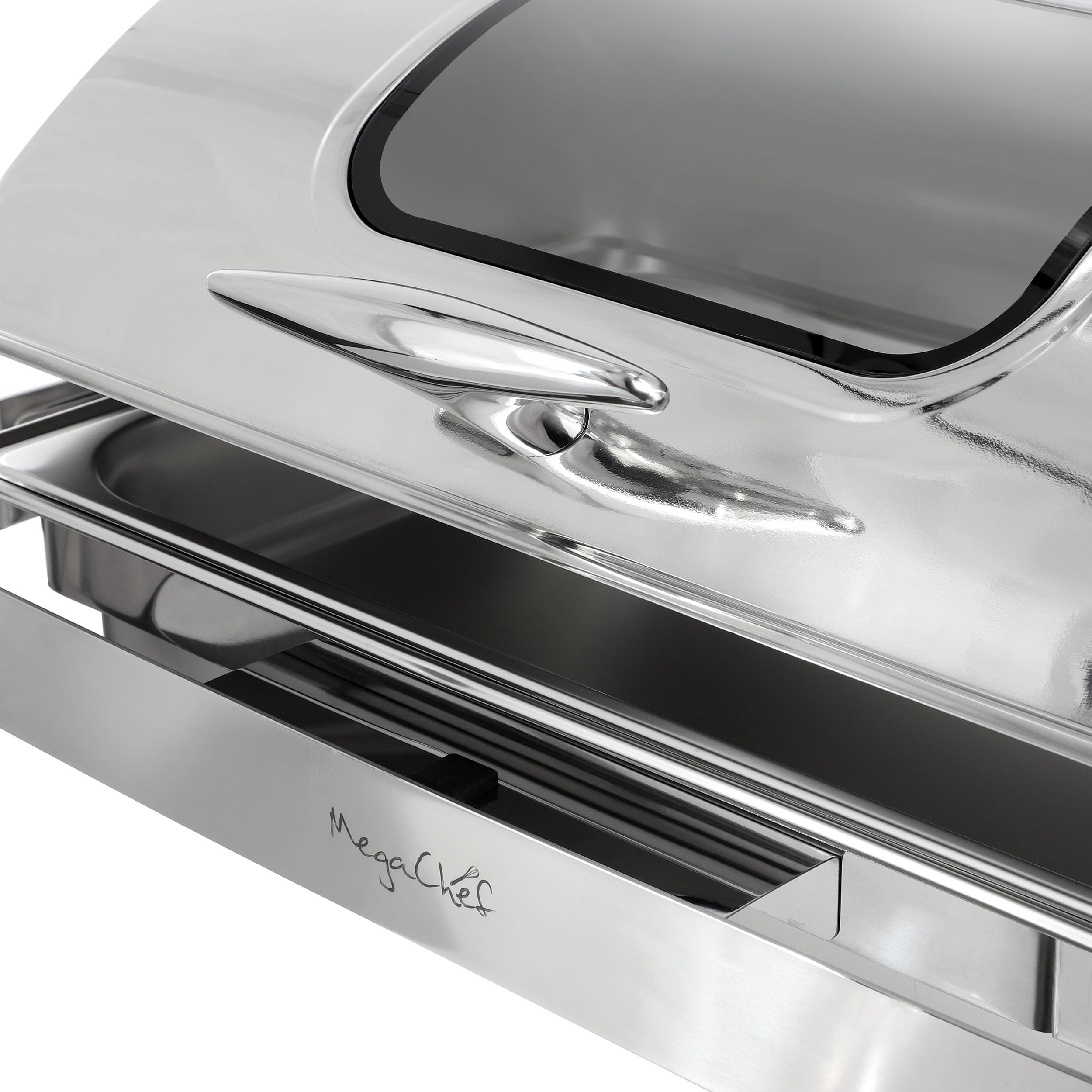 MegaChef 9.5-Quart Oblong Roll-Top Stainless Steel Chafing Dish – Catering Buffet Server with View Window for Parties & Events