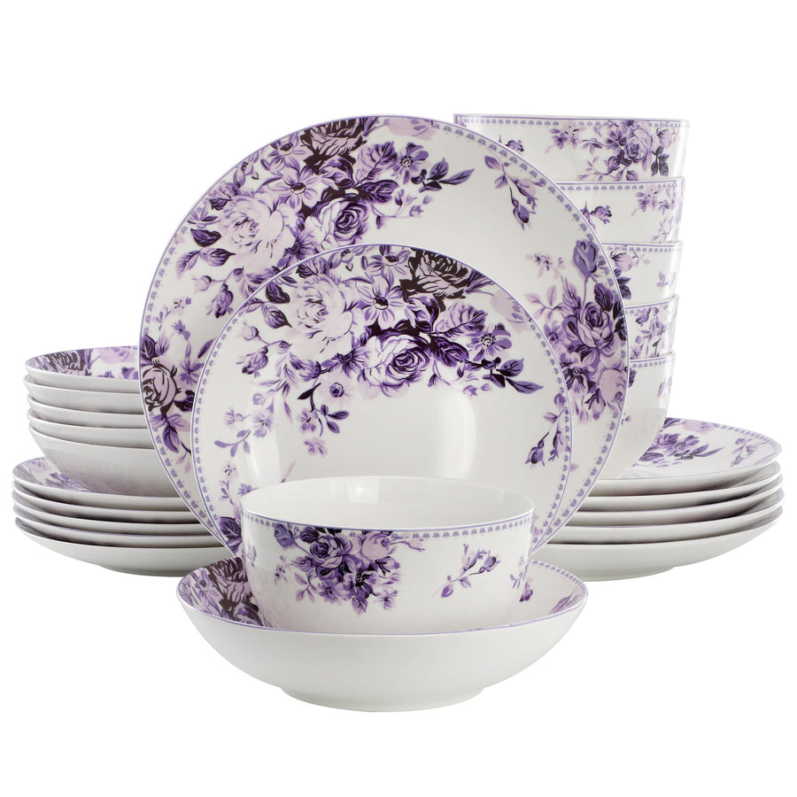 Elama Traditional Rose 24-piece stoneware dinnerware set with purple rose print, stacked plates and two bowl sizes