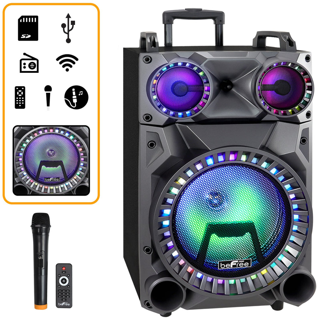 beFree Sound 12" Rechargeable Bluetooth Party Speaker with LED Lights, FM Radio, USB/TF, Wireless Mic