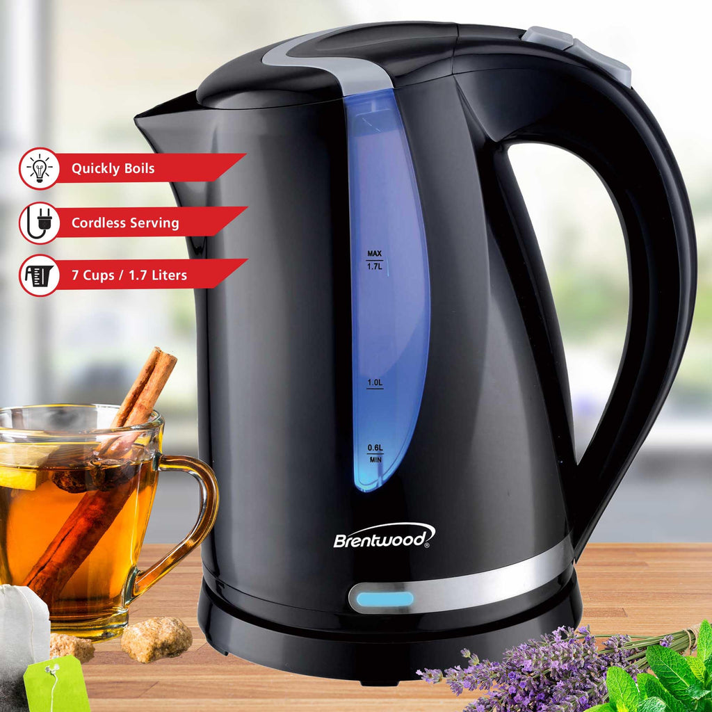 Brentwood 1.7L 1100W Cordless Electric Kettle – Black, 360-Degree Base with Concealed Stainless Element, Auto Shut-Off & Boil-Dry Protection