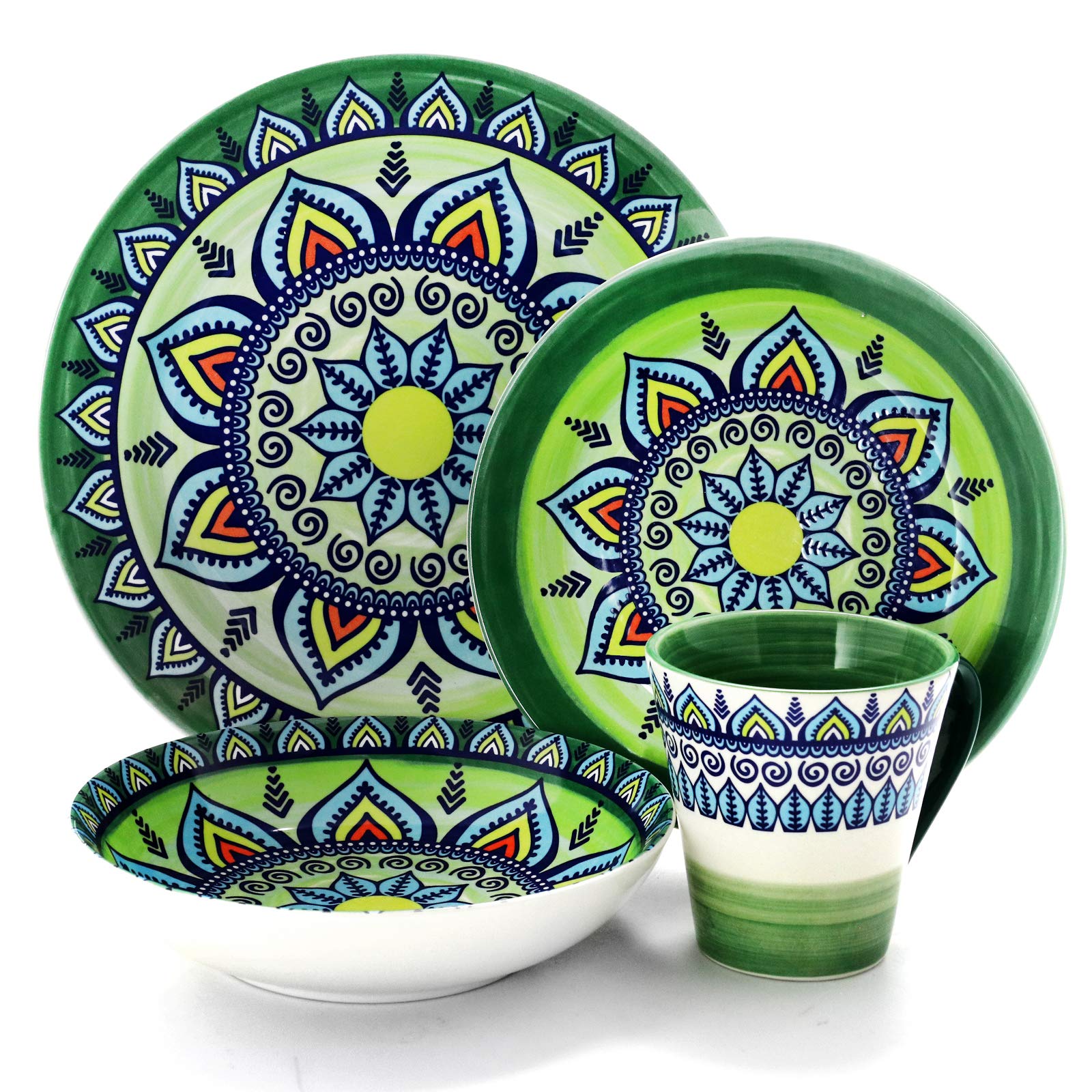 Elama Zen Green Mozaik 16-Piece Stoneware Dinnerware Set – Bohemian Mosaic | Service for 4
