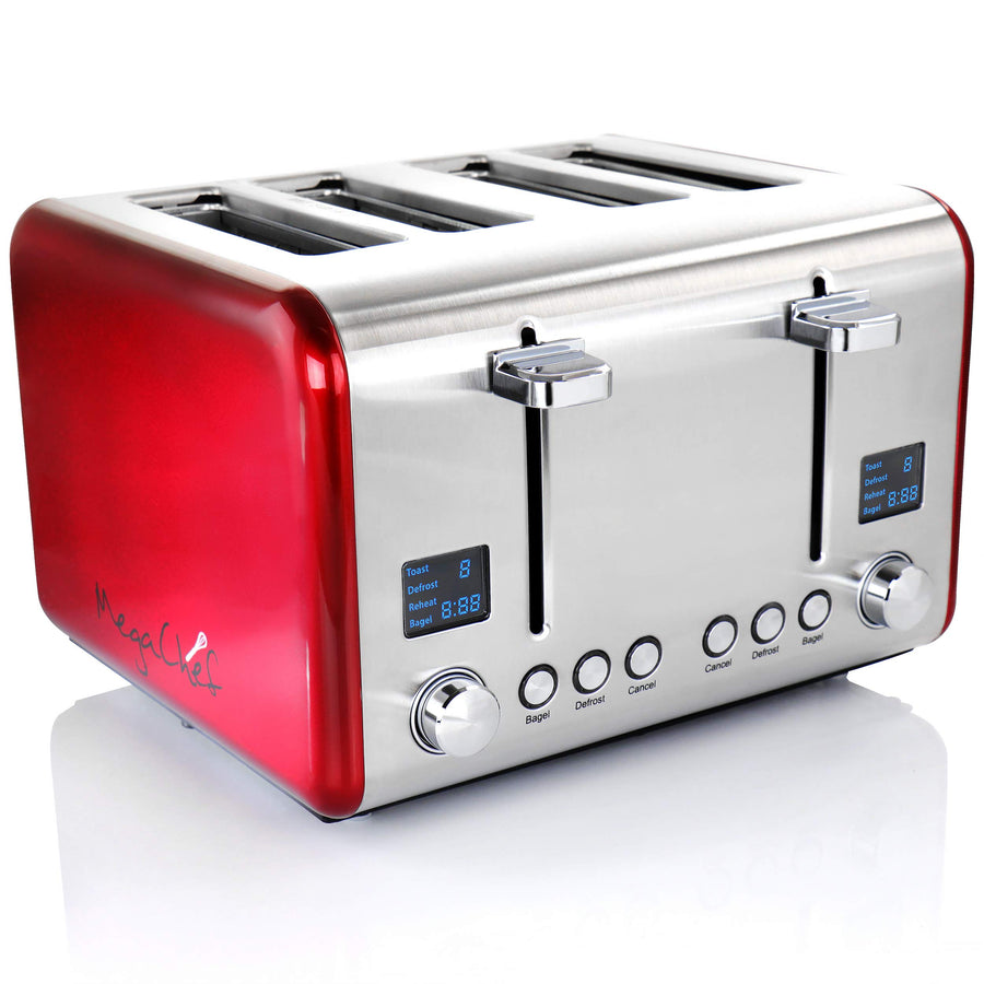 MegaChef 4-Slice Toaster with LED Timer, Dual Controls & 1.5 Inch Wide Slots, Stainless Steel / Red