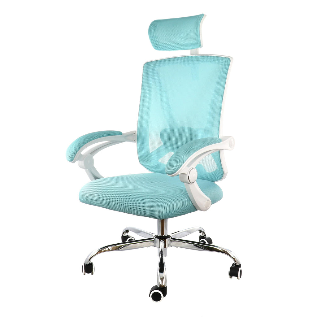 Elama Full-Back Mesh Adjustable Office Chair with Headrest – Blue & White Ergonomic Home Office, Lumbar Support, 360° Swivel