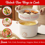 Brentwood HPS-3302W 3 Liter Multi-Function Electric Hot Pot Cooker - White, Ceramic Non-Stick with Stainless Steel Steamer Tray