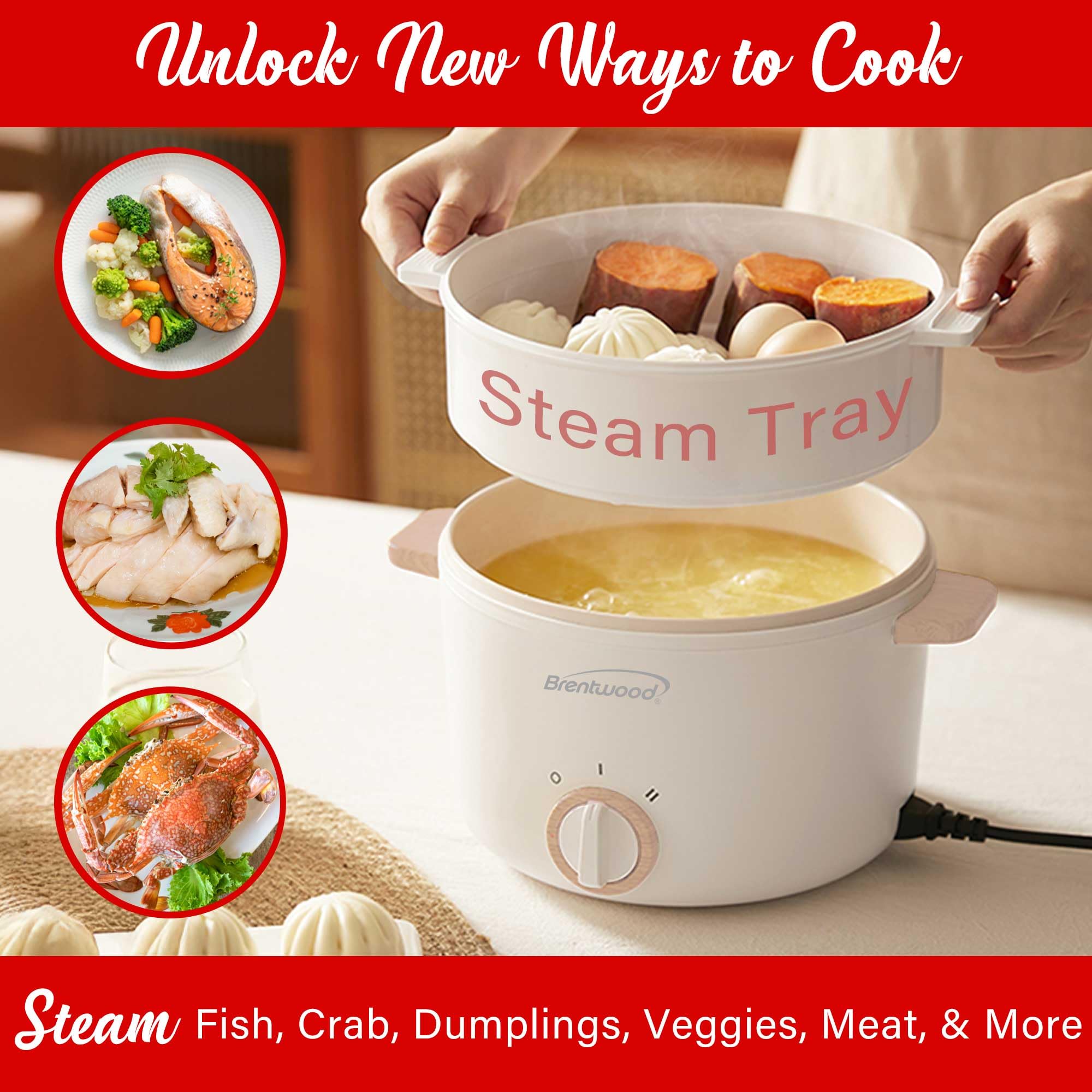 Brentwood HPS-3302W 3 Liter Multi-Function Electric Hot Pot Cooker - White, Ceramic Non-Stick with Stainless Steel Steamer Tray