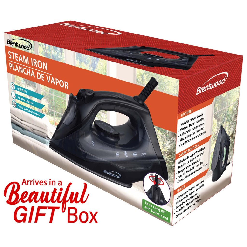 Brentwood 1200-Watt Lightweight Non-Stick Steam Iron, Black