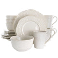 Elama Luna 16-Piece Embossed Scalloped Stoneware Dinnerware Set – White Service for 4