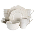Elama Luna 16-Piece Embossed Scalloped Stoneware Dinnerware Set – White Service for 4