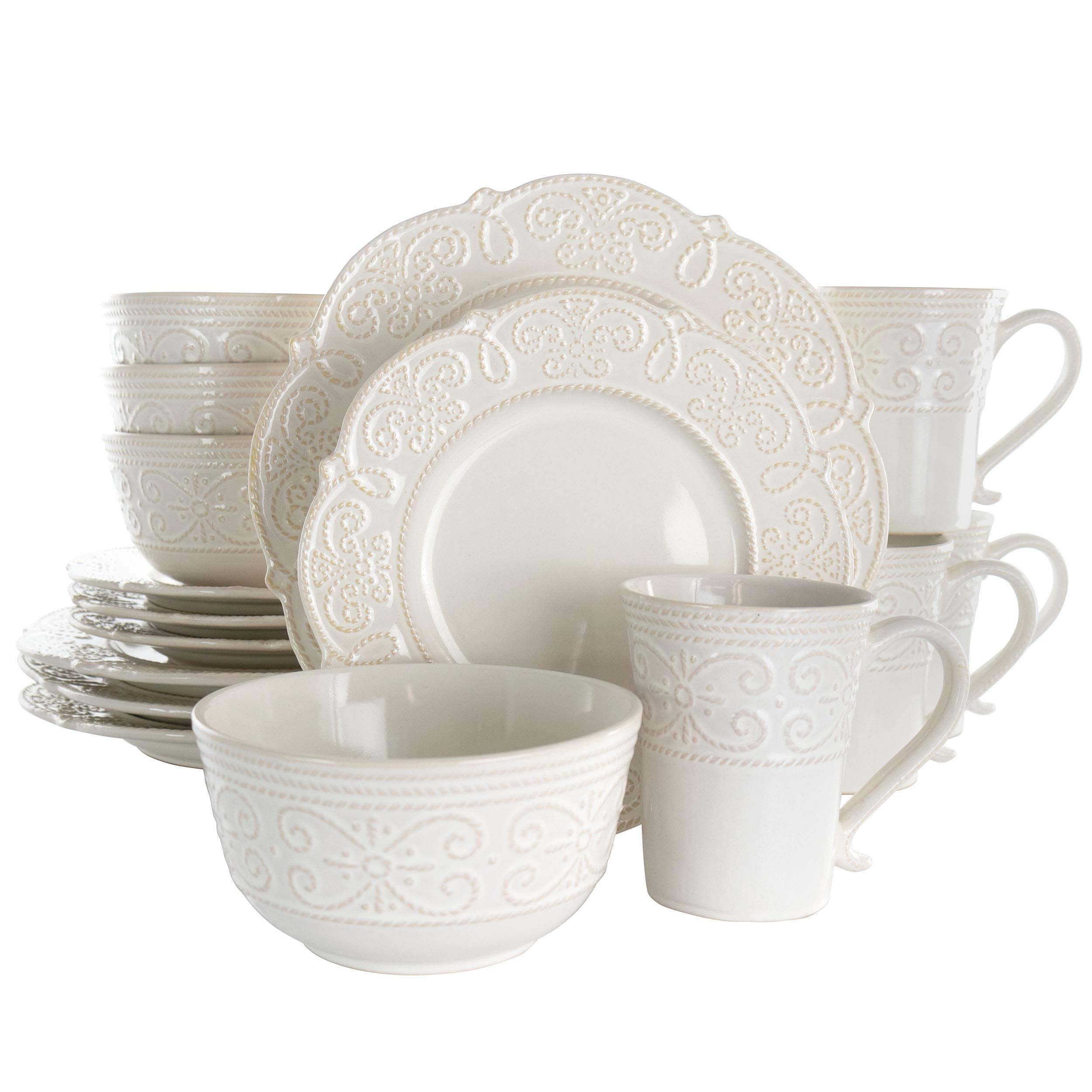 Elama Luna 16-Piece Embossed Scalloped Stoneware Dinnerware Set – White Service for 4