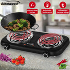 Brentwood TS-363BK 1100W Countertop Double Coiled Electric Burner - Black, Temperature Control with Power Indicator