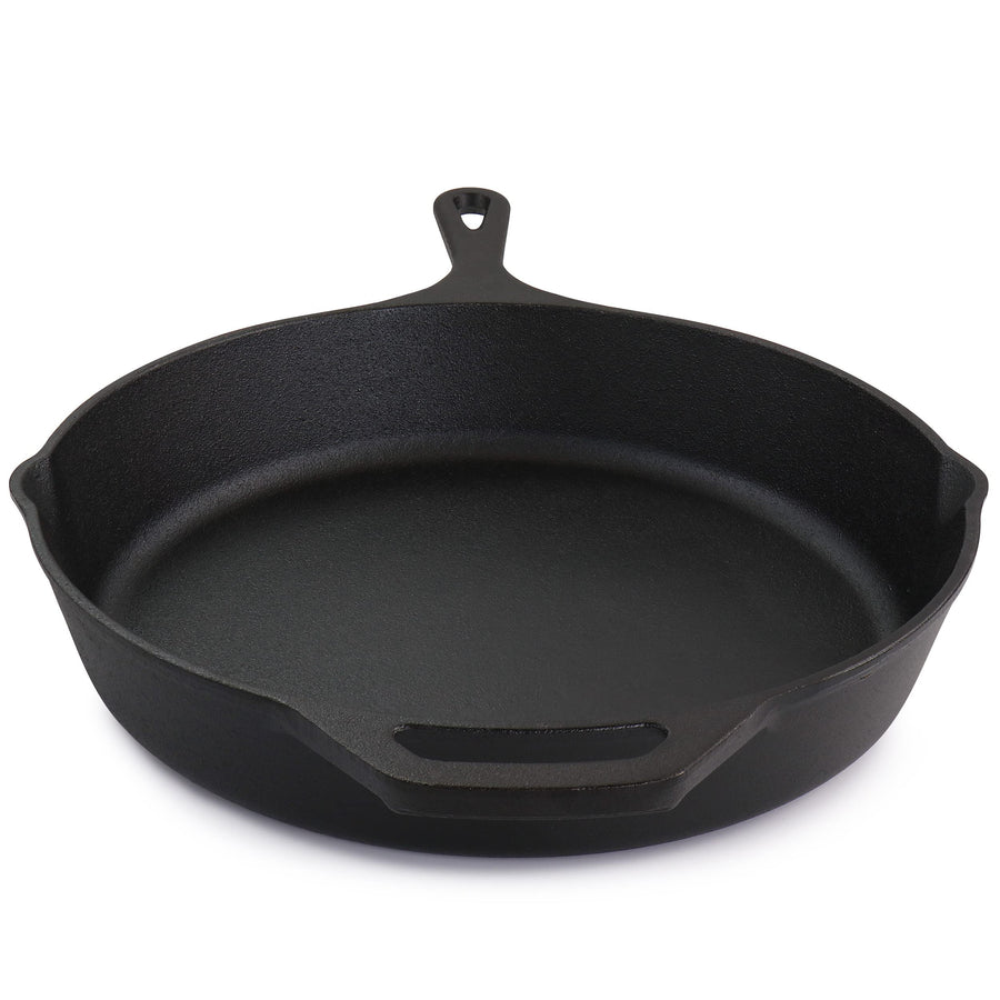 12 inch cast iron frying pan with pour spouts and long handle