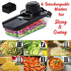 Brentwood 3.6-Cup Mandoline Slicer & Cheese Grater – Black with 6 Interchangeable Stainless Steel Blades & Catch Container