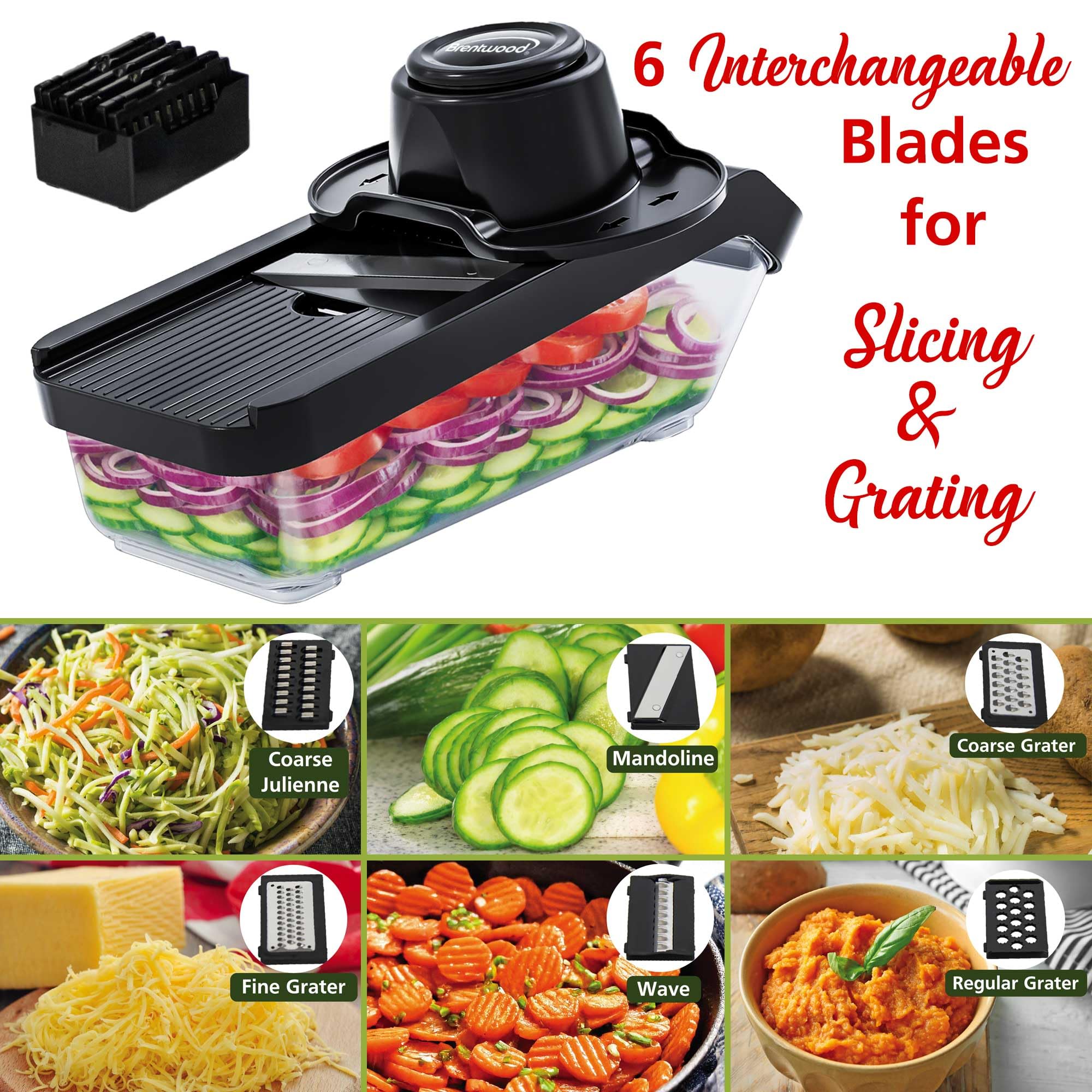 Brentwood 3.6-Cup Mandoline Slicer & Cheese Grater – Black with 6 Interchangeable Stainless Steel Blades & Catch Container