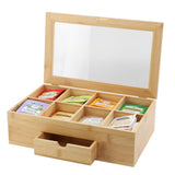 Elama Bamboo Tea Box Organizer with Acrylic Window & Drawer, 8 Compartments, 13 x 8 in.