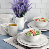 Elama Henryi 16 Piece Embossed Rim Detail Porcelain Dinnerware Set in White