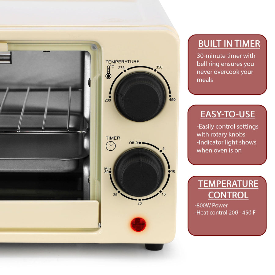 MegaChef MCOV-1200CR 9.5-Quart 2-Slice Countertop Toaster Oven, 800W Quartz Heat, 200 to 450°F Dial, 30-Minute Bell Timer, Cream