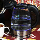 Megachef Light-Up Tea Kettle, 1.7L Clear Glass Cordless Electric Kettle with Blue LED and Auto Shut-Off