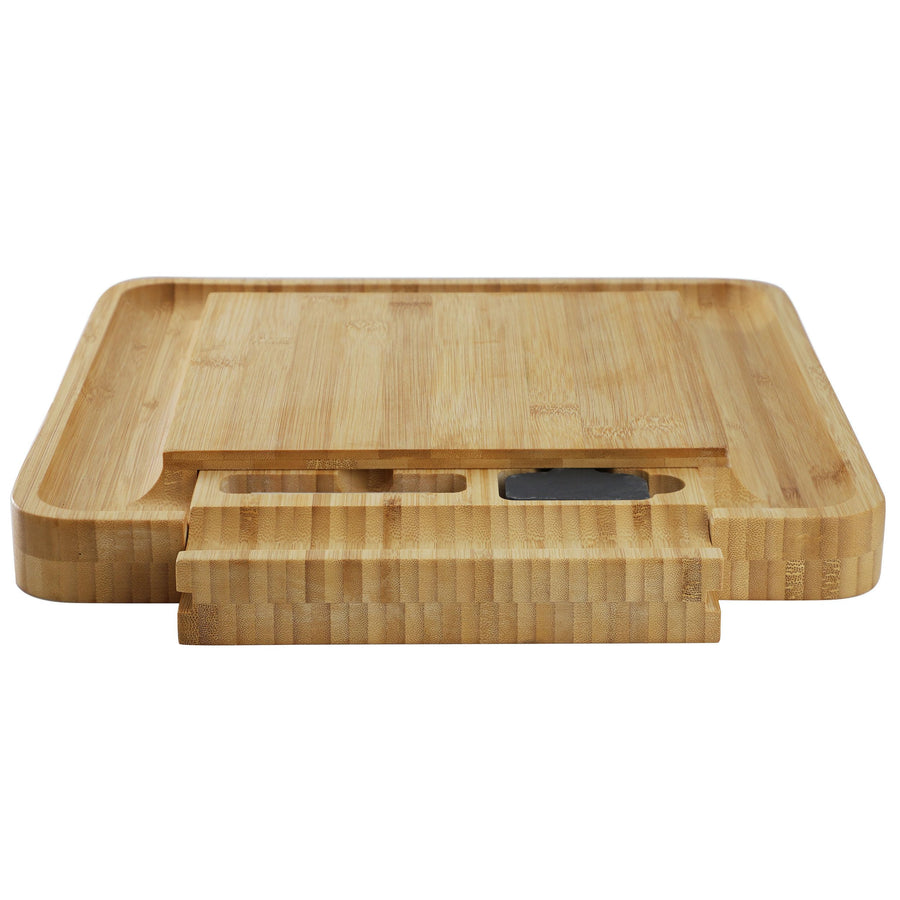 Elama Bamboo Charcuterie Cheese Board with Slide-Out Drawer, Cheese Utensils, Bottle Opener and 3-Piece Mini Chalkboard Set