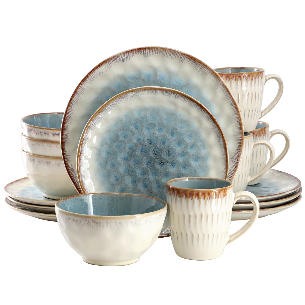 Elama Leann 16-Piece Stoneware Dinnerware Set – Textured Blue & Beige with Brown Color-Rim, Service for 4