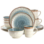 Elama Leann 16-Piece Stoneware Dinnerware Set – Textured Blue & Beige with Brown Color-Rim, Service for 4