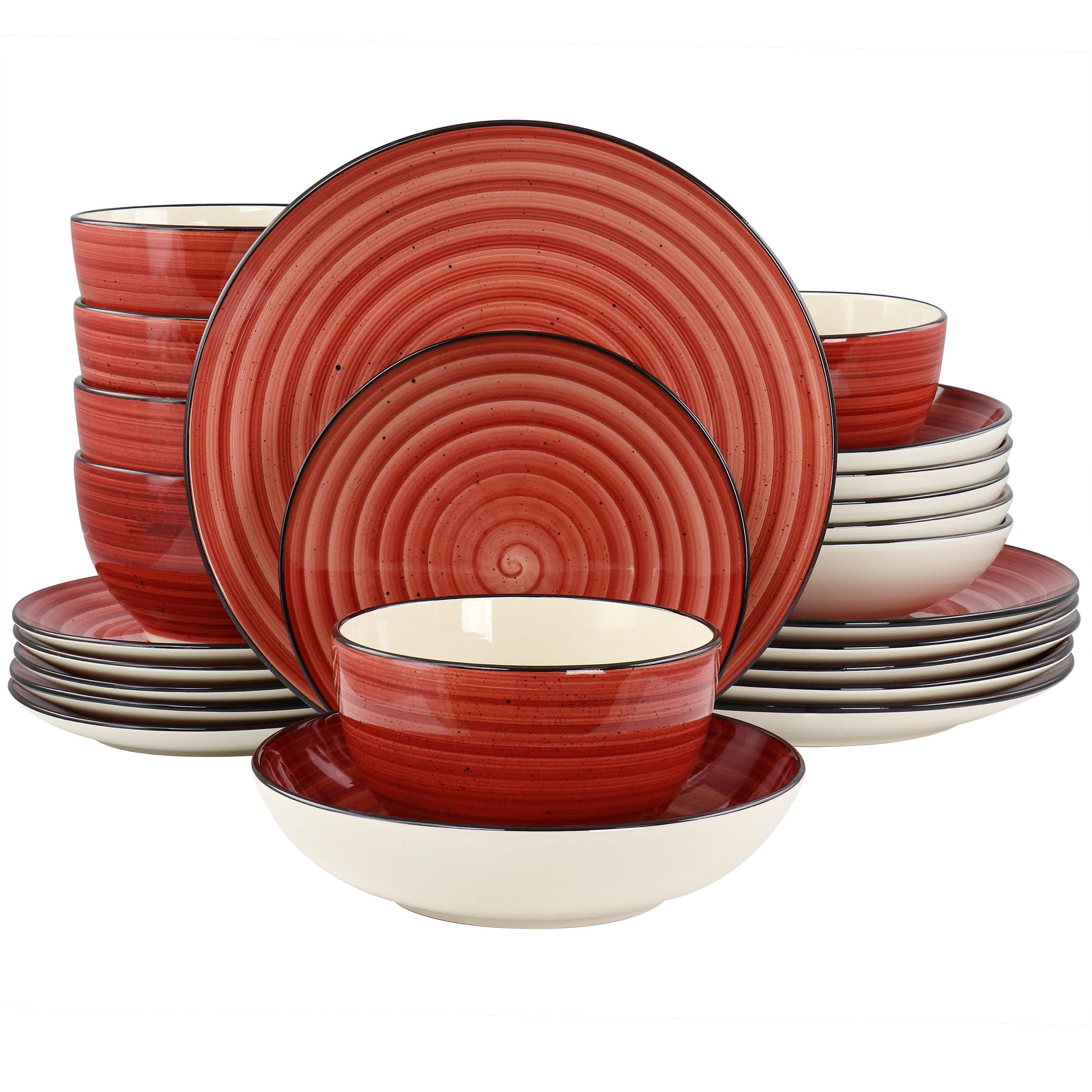 Elama Gia 24-Piece Stoneware Dinnerware Set – Red, Service for 6 with Plates, Soup Bowls & Cereal Bowls (Microwave & Dishwasher Safe)