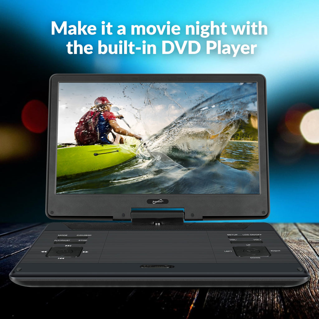 SuperSonic SC-2514 14 in Portable Swivel DVD Player with Built-In TV Tuner, USB, SD and Car Charger - Black