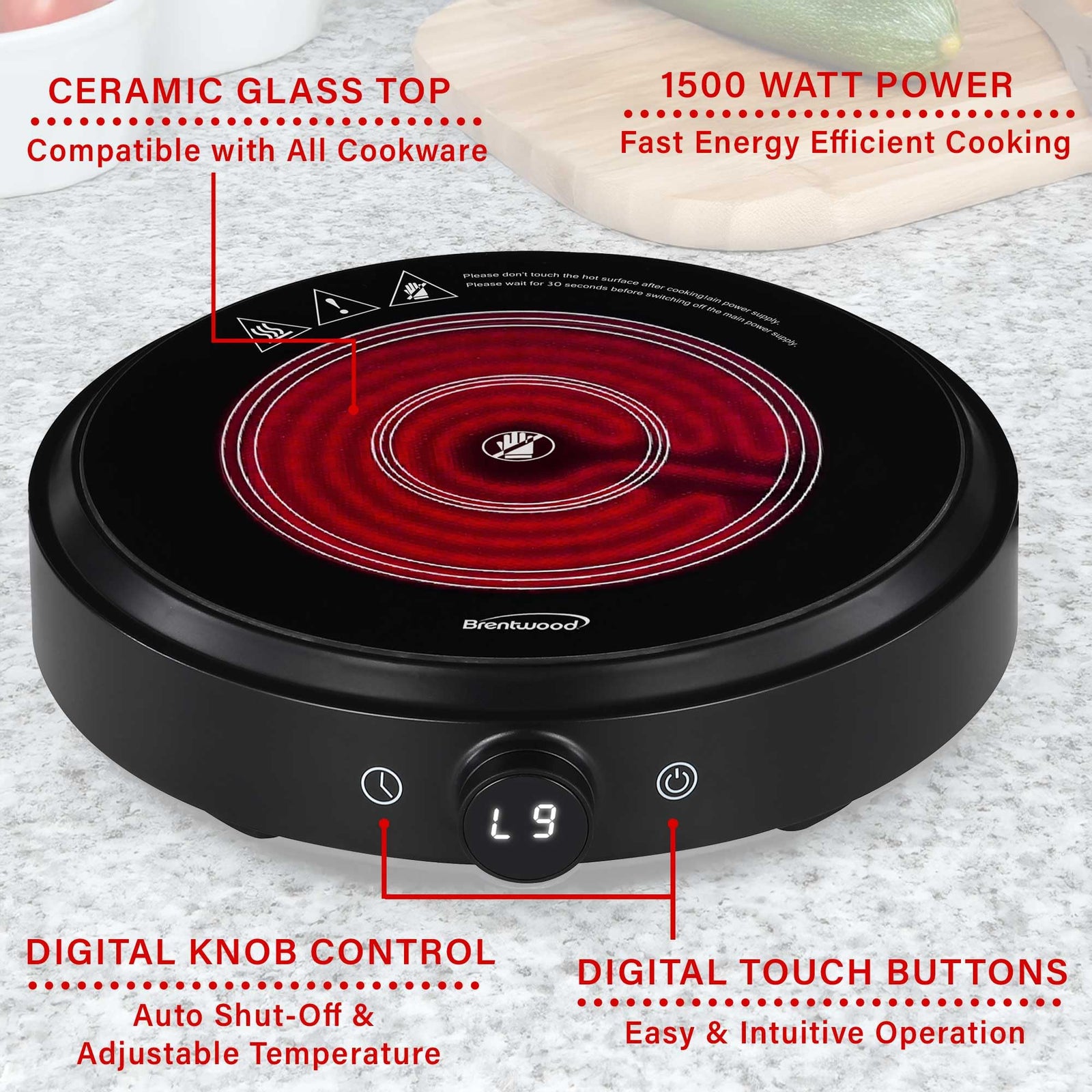 Brentwood Select TS-383DBK 10-Inch Countertop Infrared Single Burner with Digital Touch Controls, Black