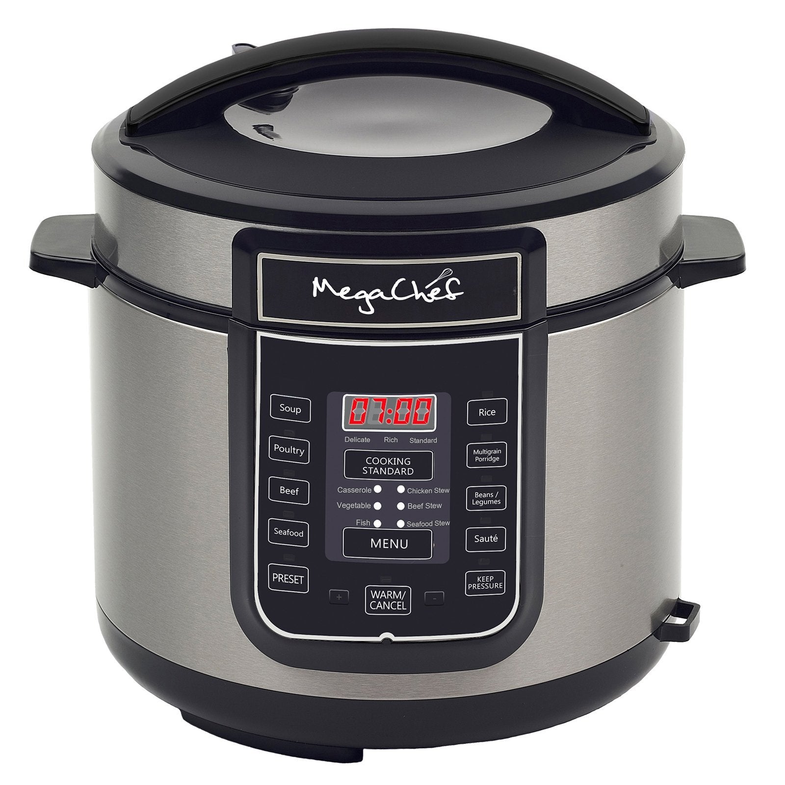 MegaChef 6-Quart Digital Pressure Cooker & Electric Multi-Cooker, 14 Presets, Stainless Steel Pot, Silver