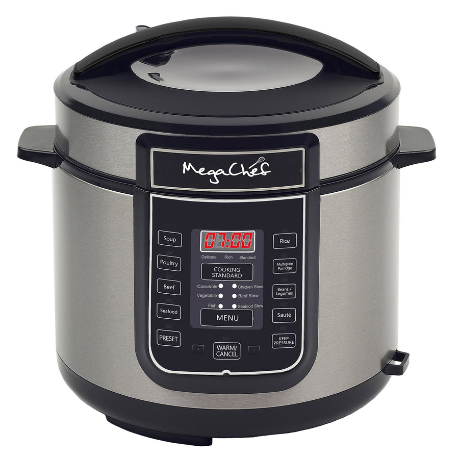 MegaChef 6-Quart Digital Pressure Cooker & Electric Multi-Cooker, 14 Presets, Stainless Steel Pot, Silver