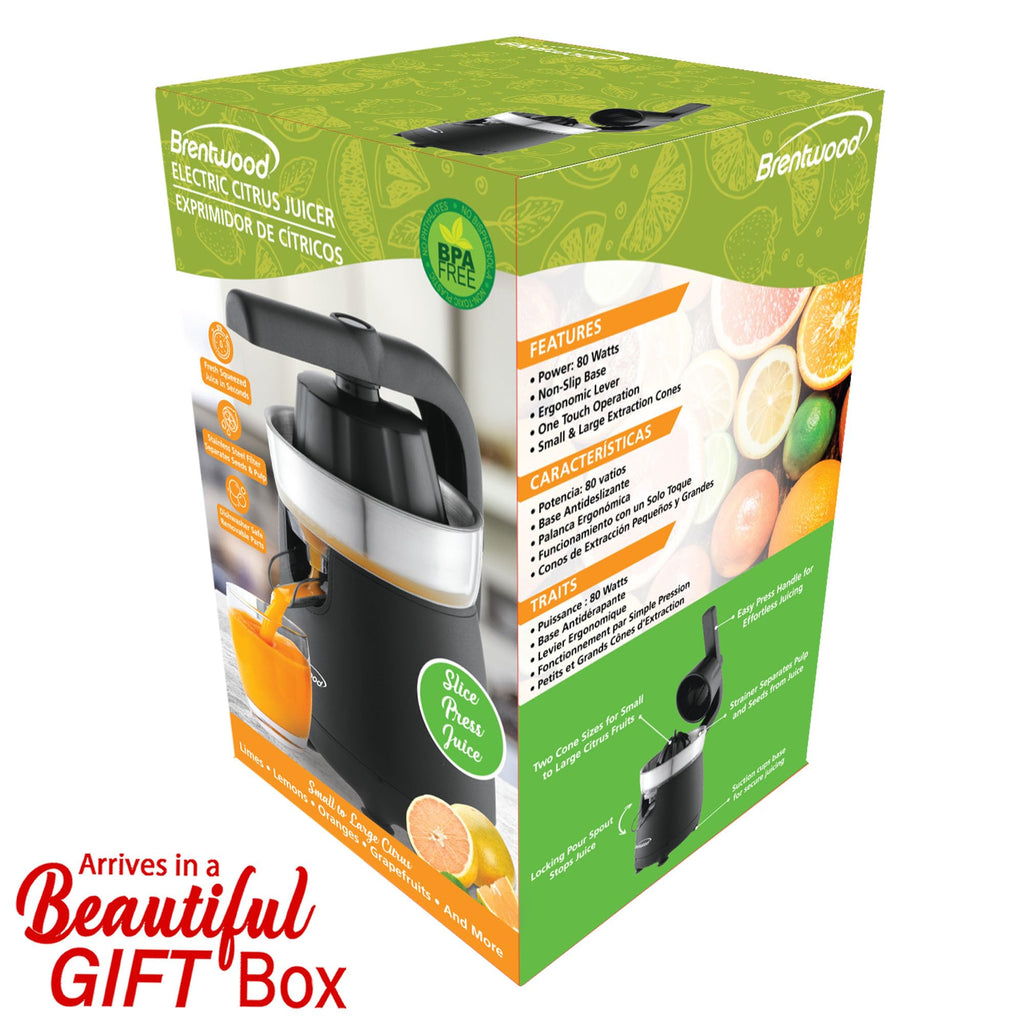 Brentwood J-26BK 80W Electric Citrus Juicer with Two Cones and Lockable Spout - Black