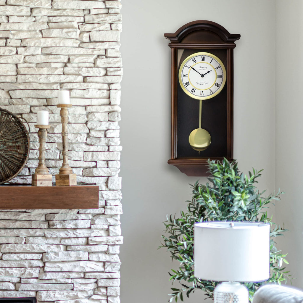 Bedford Clock Collection George 22" Chestnut Wood Chiming Pendulum Wall Clock — Westminster Quartz Heirloom Clock