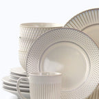 Elama Market Finds 16-Piece Round Stoneware Dinnerware Set – Embossed White Service for 4