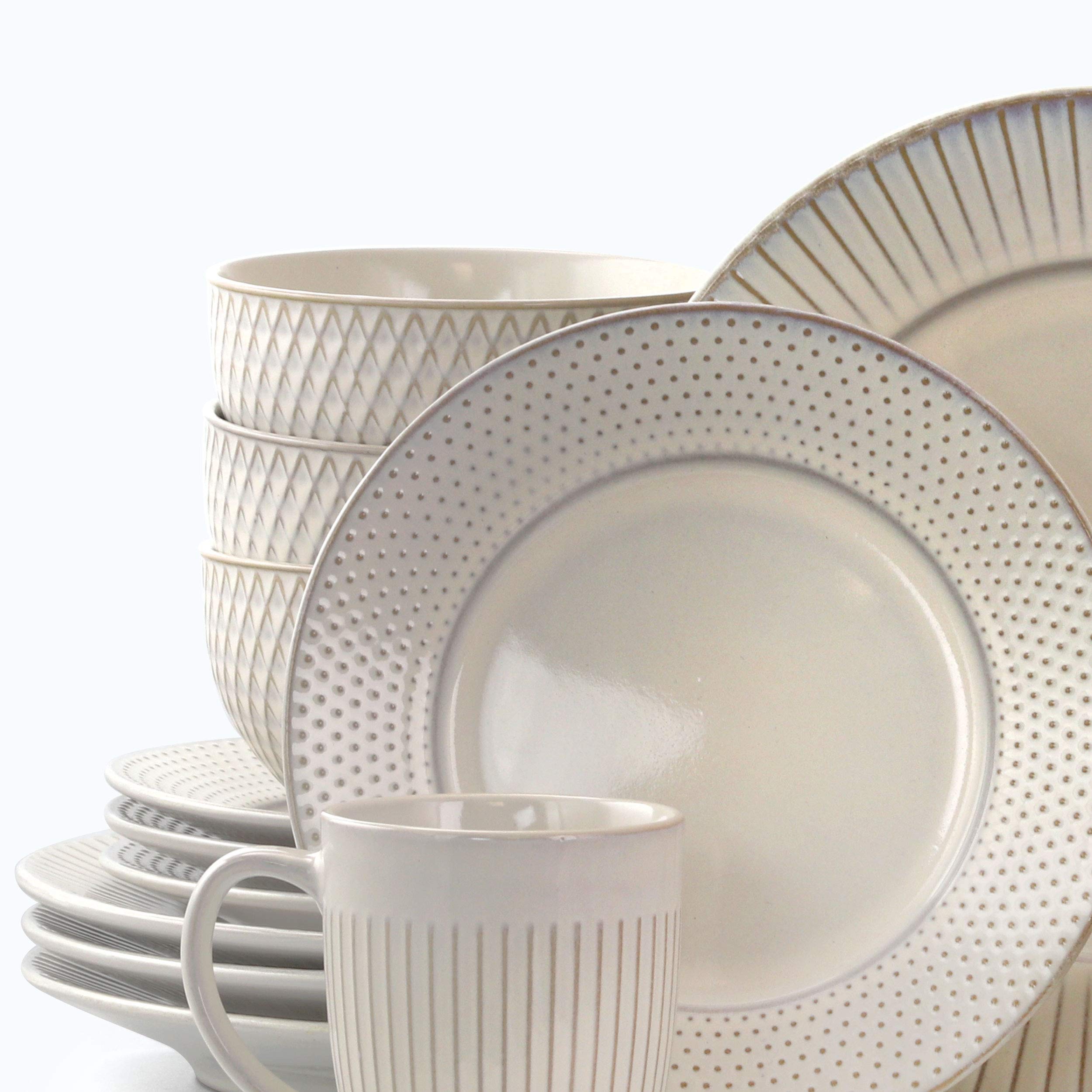Elama Market Finds 16-Piece Round Stoneware Dinnerware Set – Embossed White Service for 4