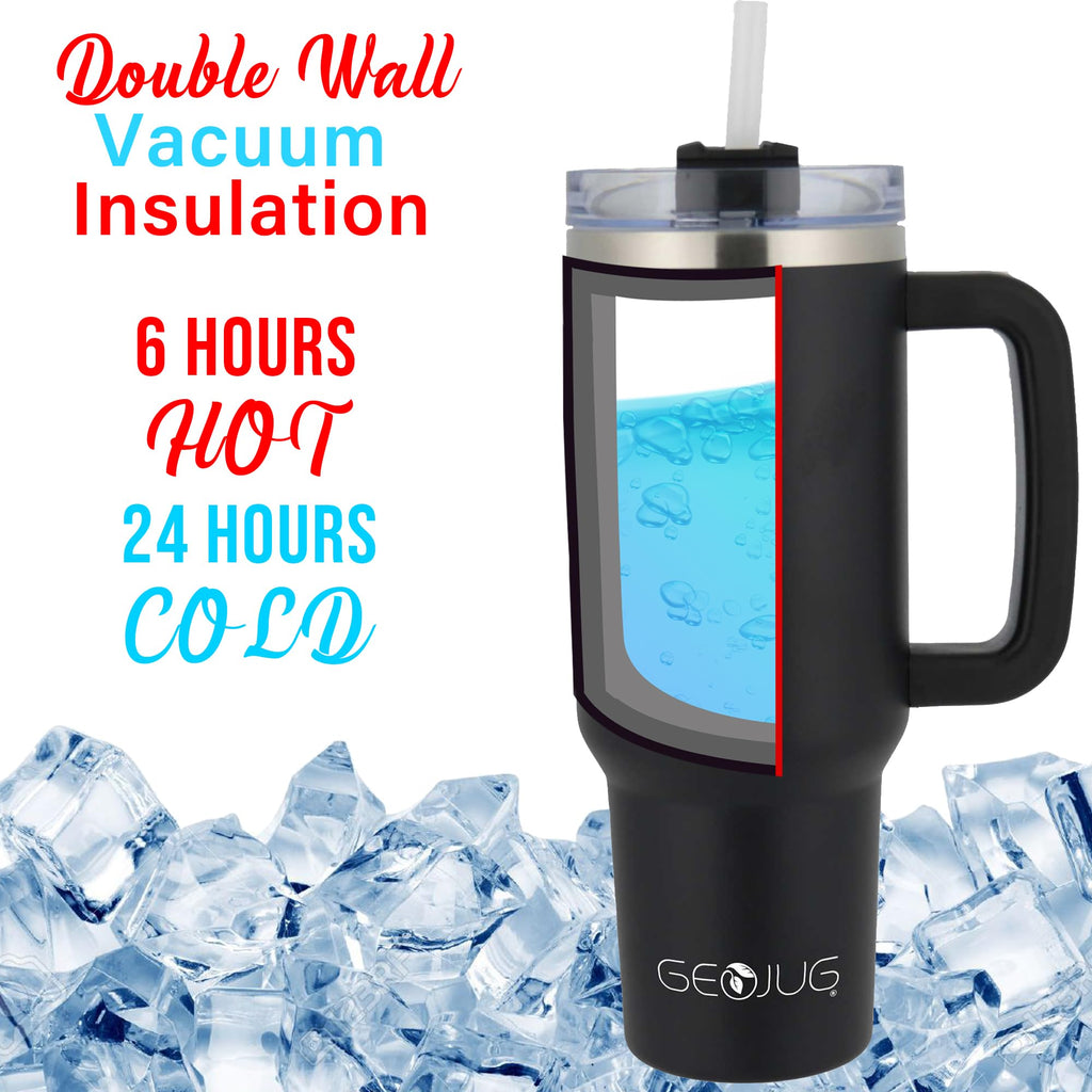 Brentwood GEOJUG 40 oz Insulated Stainless Steel Tumbler – Black with Handle, Lid & Straw