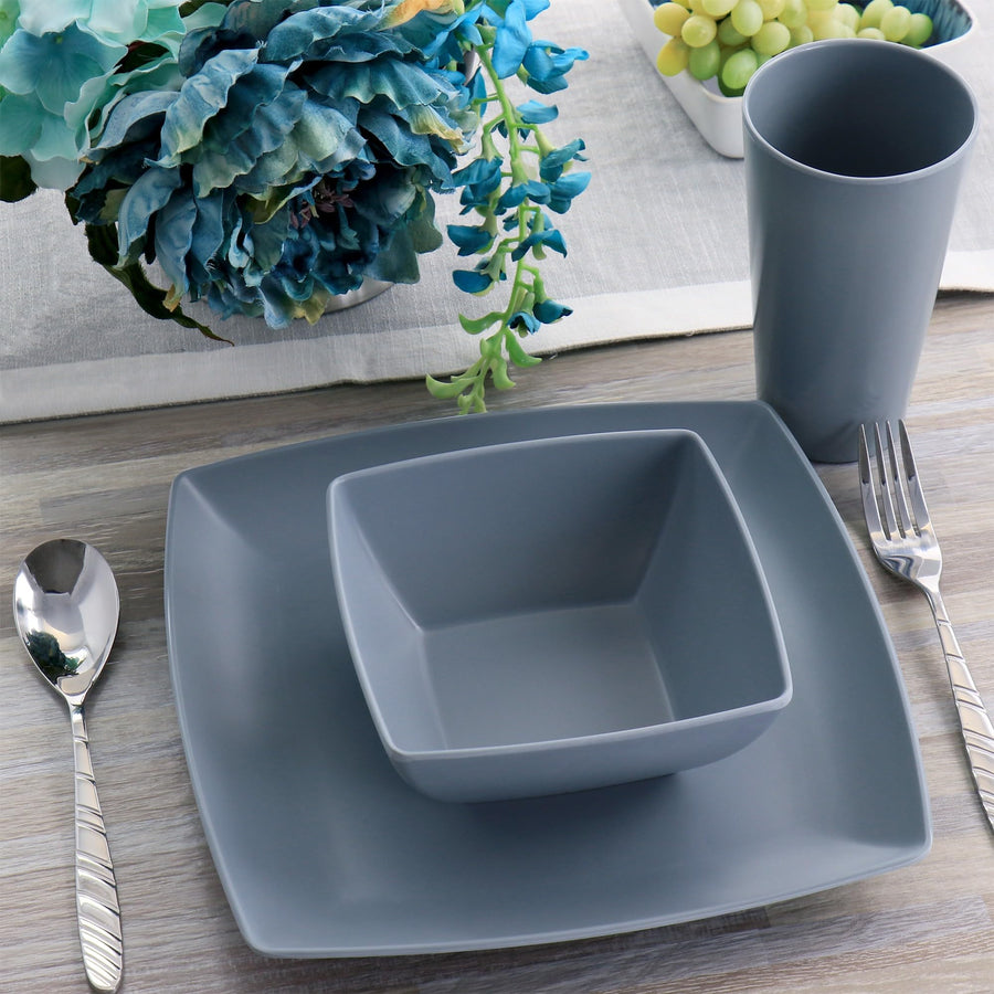 Gibson Home Grayson 12-Piece Square Melamine Dinnerware Set, Service for 4, Gray