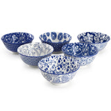 Porcelain Footed Bowl Set of 6, 20 Oz Soup and Cereal Bowls, Assorted Blue and White Designs, Elama Moxy