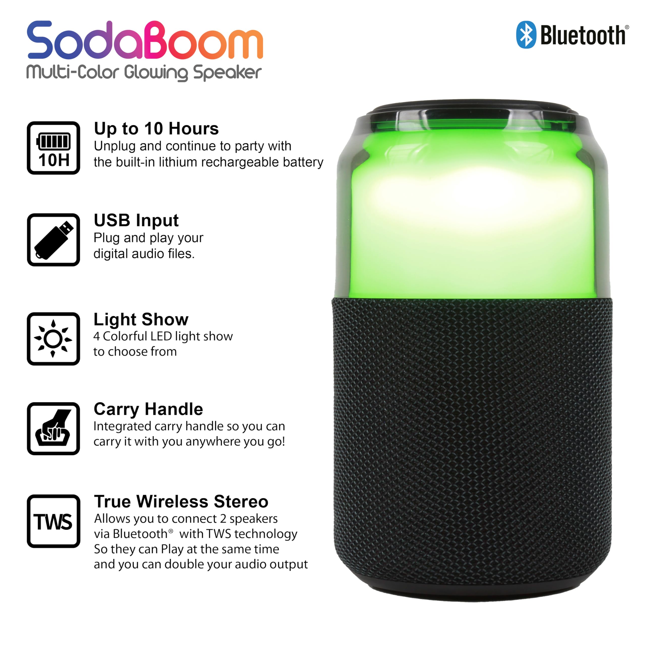SuperSonic SodaBoom SC-2335BT Bluetooth 5.4 LED Speaker - Black, 10W, TWS