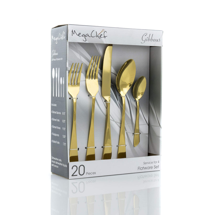 MegaChef Gibbous 20-piece gold stainless steel flatware set, service for 4, in its retail box with one place setting shown