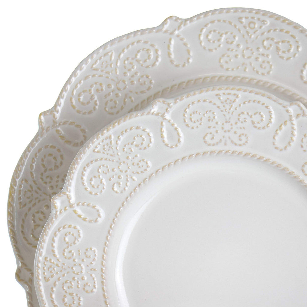 Elama Luna 16-Piece Embossed Scalloped Stoneware Dinnerware Set – White Service for 4
