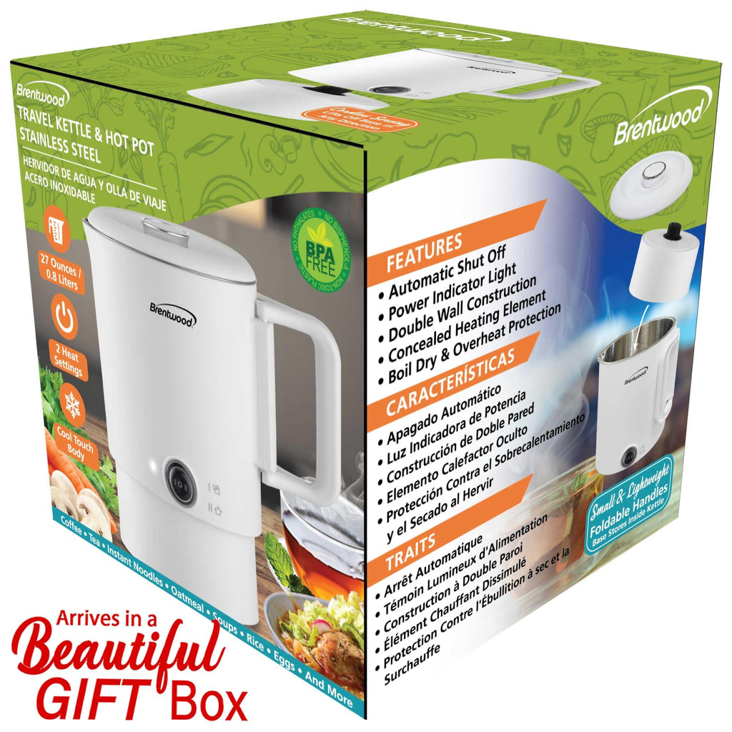 Brentwood KT-1504W Collapsible Stainless Steel Cordless Electric Travel Kettle & Hot Pot - White, 650W, 27oz