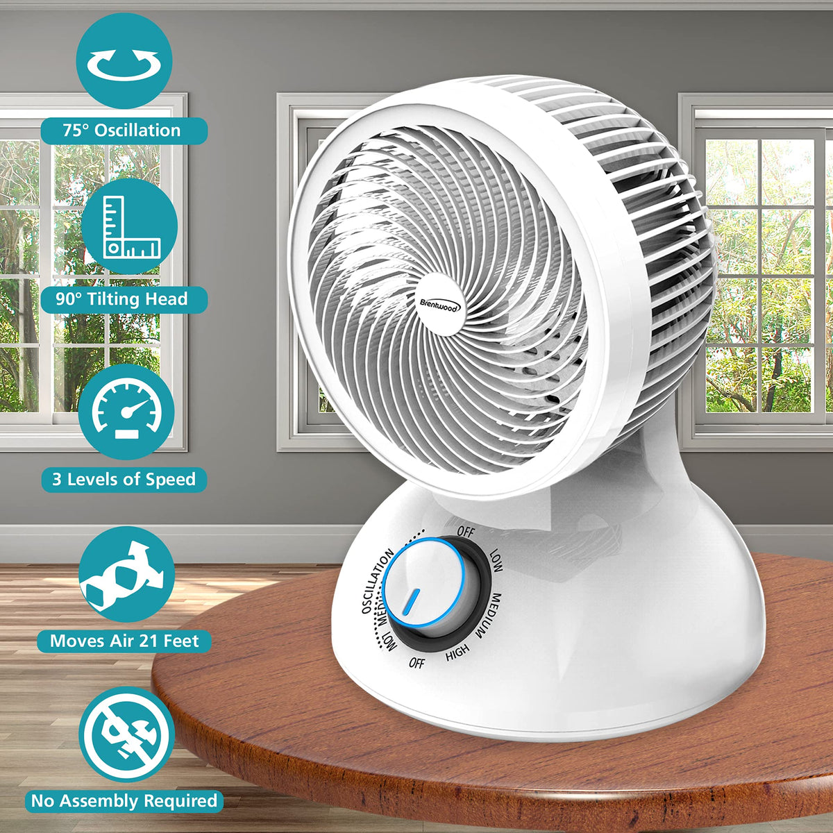 Brentwood F-650MW 6 Inch 3-Speed Oscillating Air Circulator Desktop Fan, White