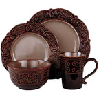Elama Salia 16-Piece Stoneware Dinnerware Set – Service for 4 | Brown Textured Rim