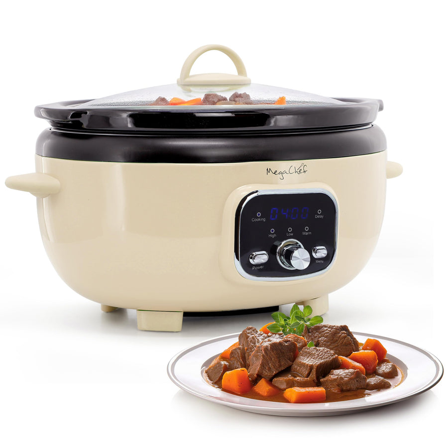 Digital Slow Cooker, 3.7 Qt Oval with High, Low and Warm Settings, Cream, by MegaChef