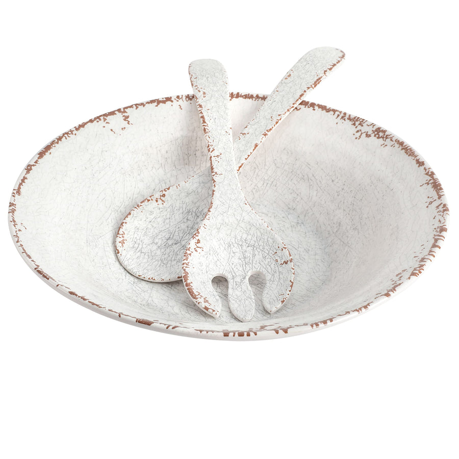 Gibson Home Mauna 3-Piece Melamine Salad Bowl Set with Servers, Ice White