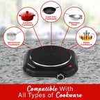 Brentwood TS-331BK 1100W Single Cast Iron Burner Hot Plate - Black, 6.5-Inch Plate with Temperature Control, Works with Any Cookware